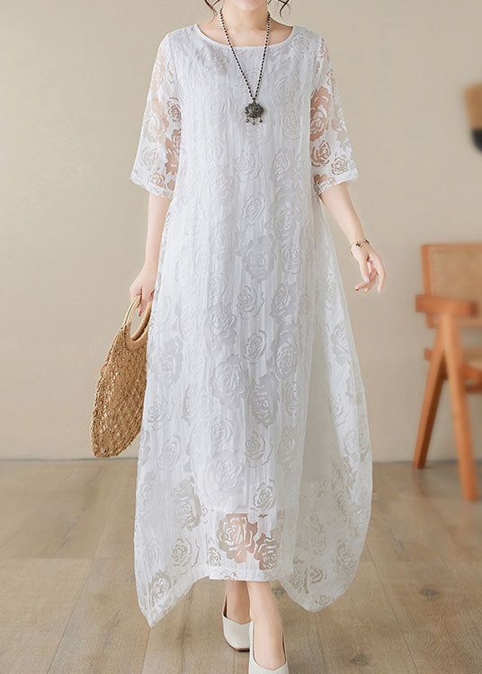 Floral Lace Burnout Overlay Round Neck Elbow Sleeve Asymmetric Handkerchief Hem Maxi Dress