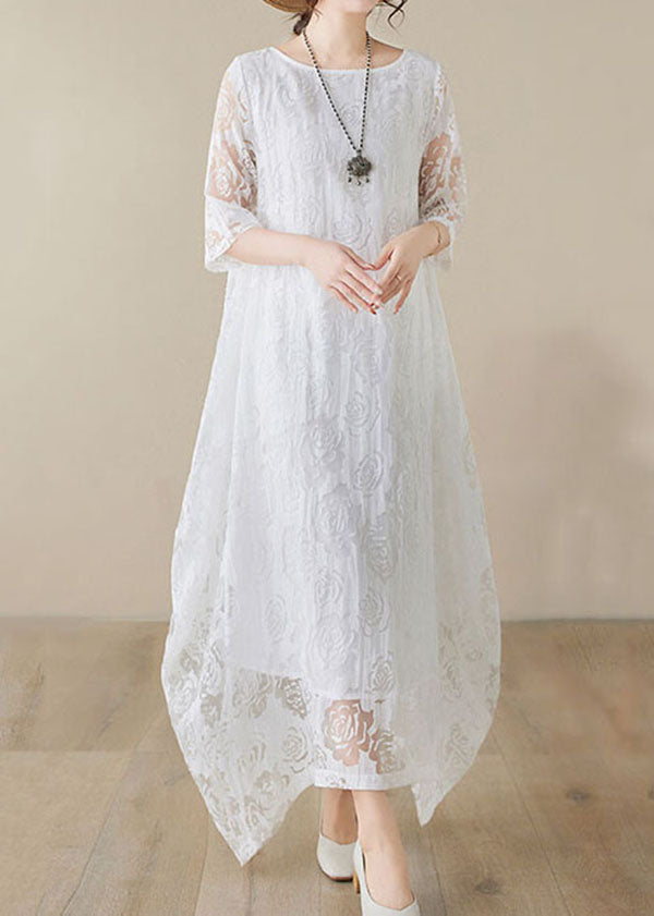 Floral Lace Burnout Overlay Round Neck Elbow Sleeve Asymmetric Handkerchief Hem Maxi Dress