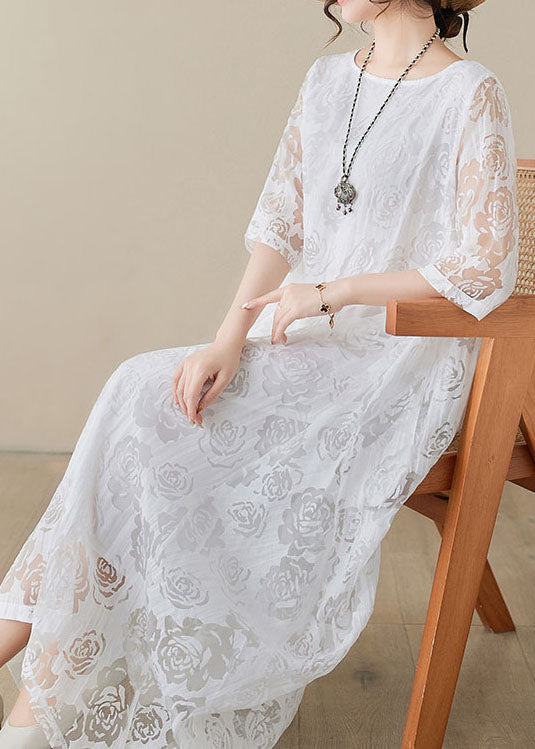 Floral Lace Burnout Overlay Round Neck Elbow Sleeve Asymmetric Handkerchief Hem Maxi Dress