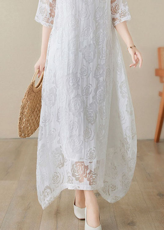 Floral Lace Burnout Overlay Round Neck Elbow Sleeve Asymmetric Handkerchief Hem Maxi Dress