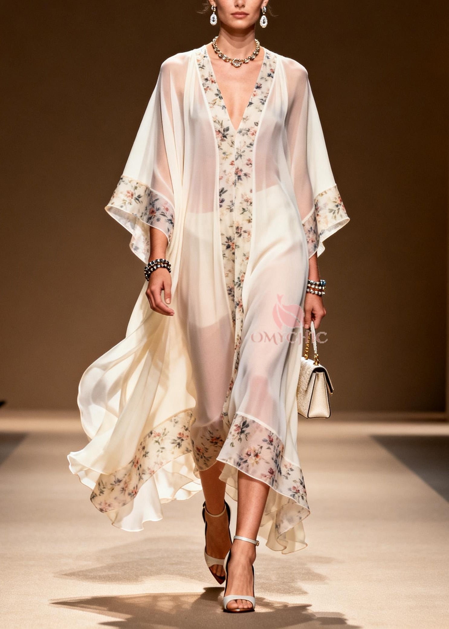 Sheer Chiffon Floral Border Deep V-Neck Kimono Sleeve Tiered Ruffle Maxi Gown