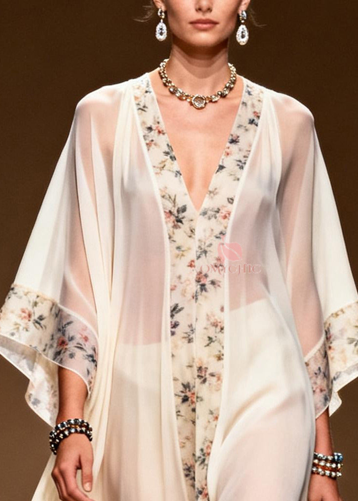 Sheer Chiffon Floral Border Deep V-Neck Kimono Sleeve Tiered Ruffle Maxi Gown