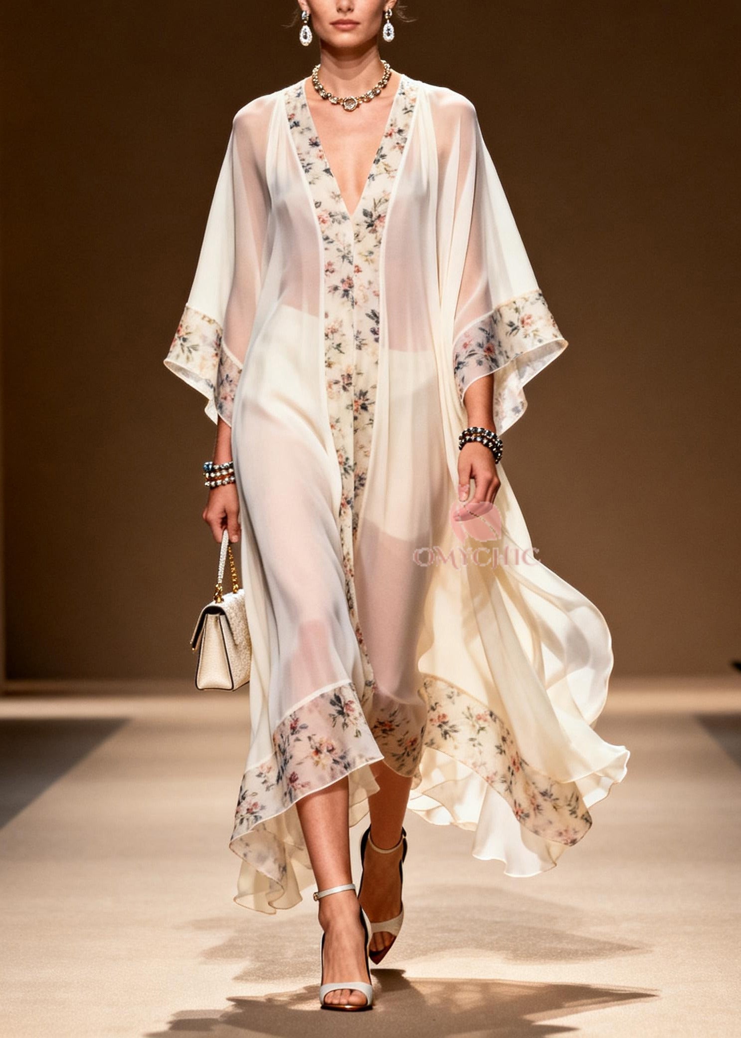 Sheer Chiffon Floral Border Deep V-Neck Kimono Sleeve Tiered Ruffle Maxi Gown