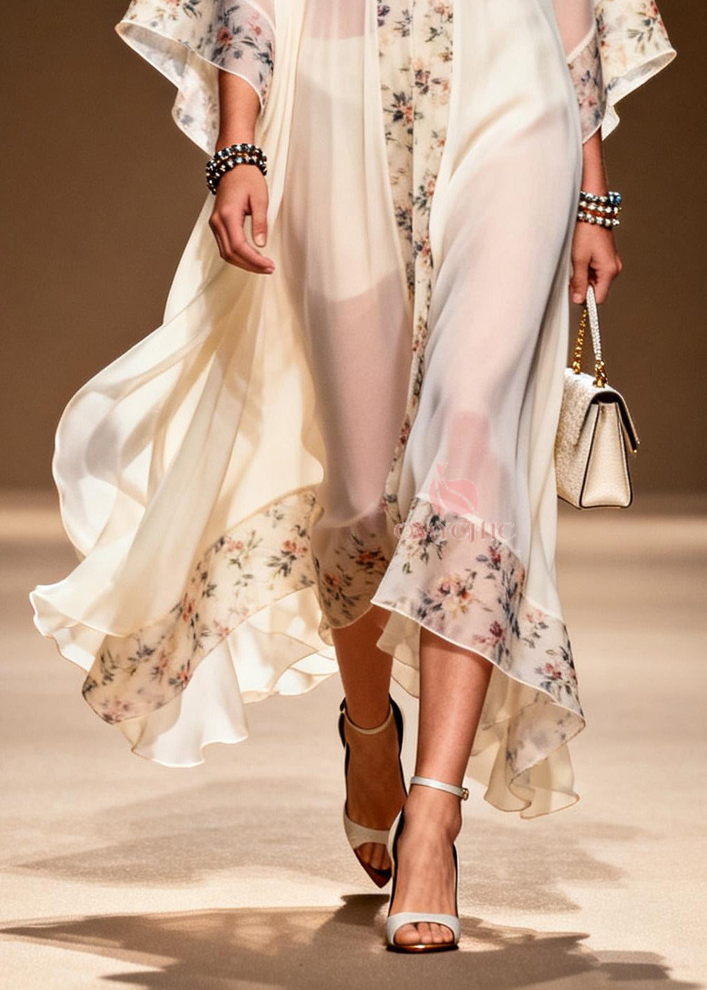 Sheer Chiffon Floral Border Deep V-Neck Kimono Sleeve Tiered Ruffle Maxi Gown