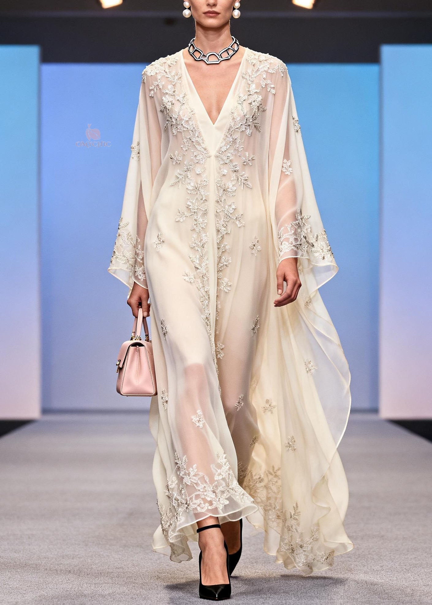 Chiffon Sequin Floral Embroidery Deep V-Neck Kaftan Sleeve Maxi Gown