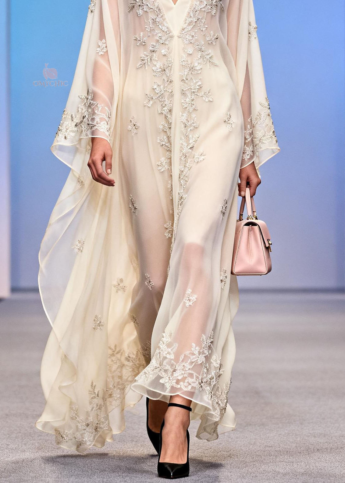 Chiffon Sequin Floral Embroidery Deep V-Neck Kaftan Sleeve Maxi Gown
