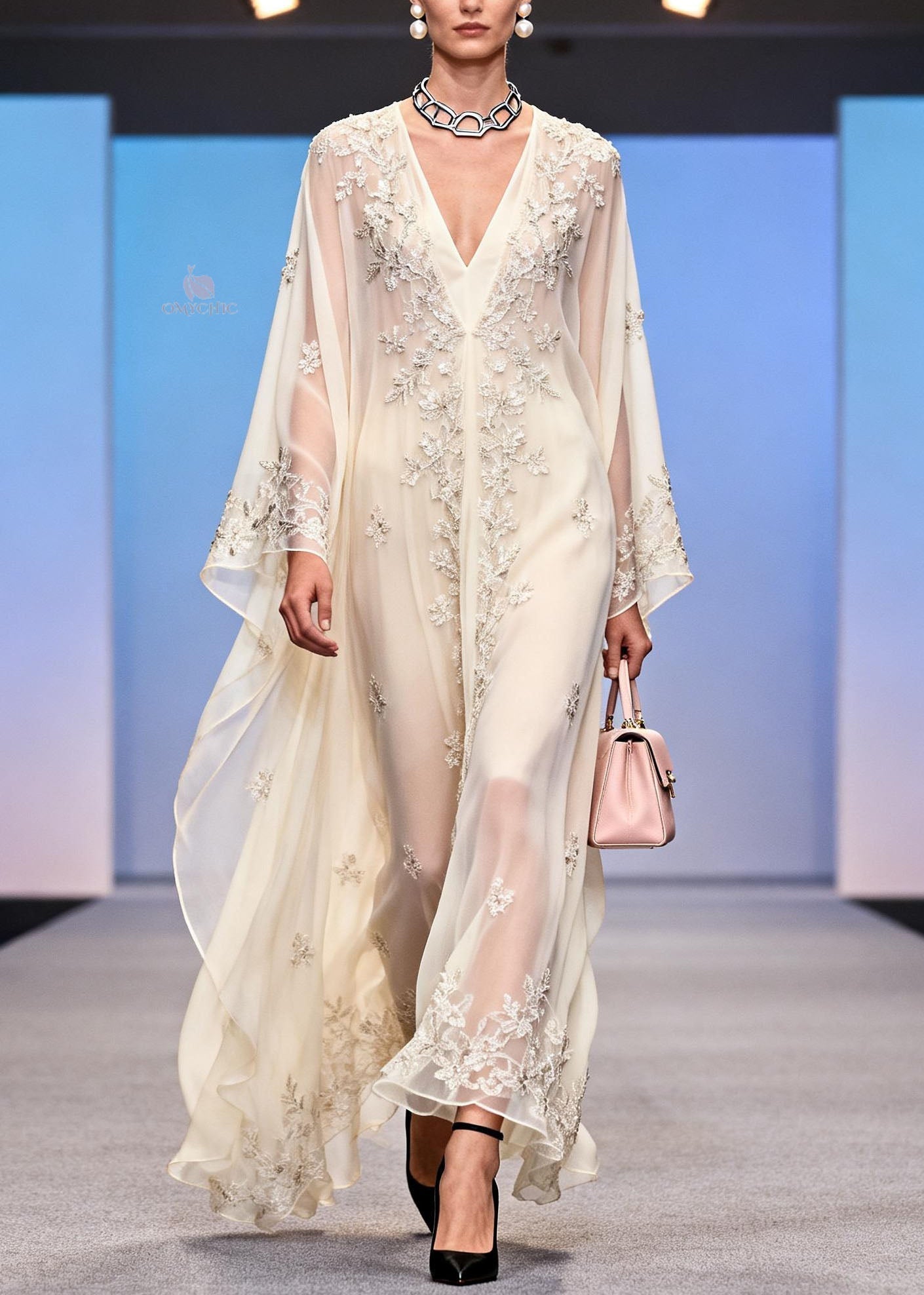 Chiffon Sequin Floral Embroidery Deep V-Neck Kaftan Sleeve Maxi Gown