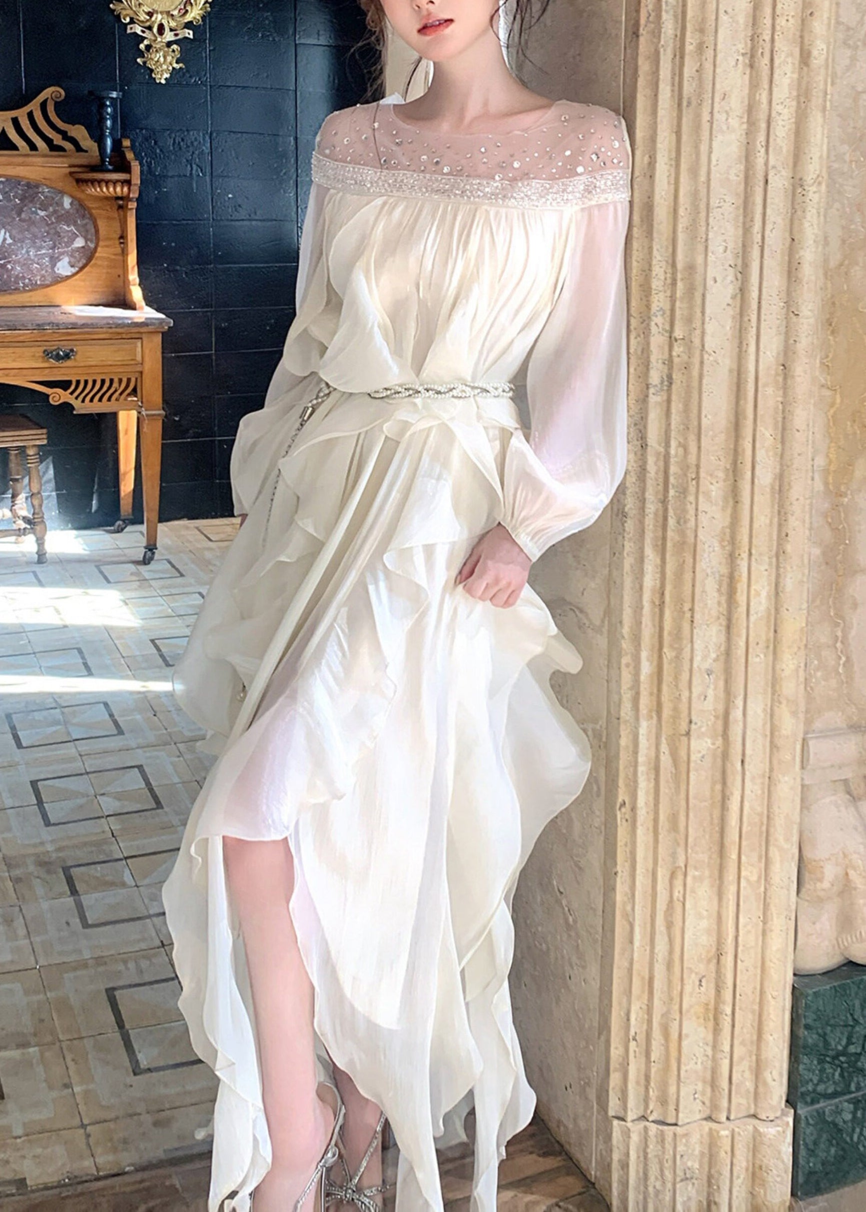 Sequin Bishop Sleeve Rhinestone Mesh Yoke High Split Ruffle Maxi Gown