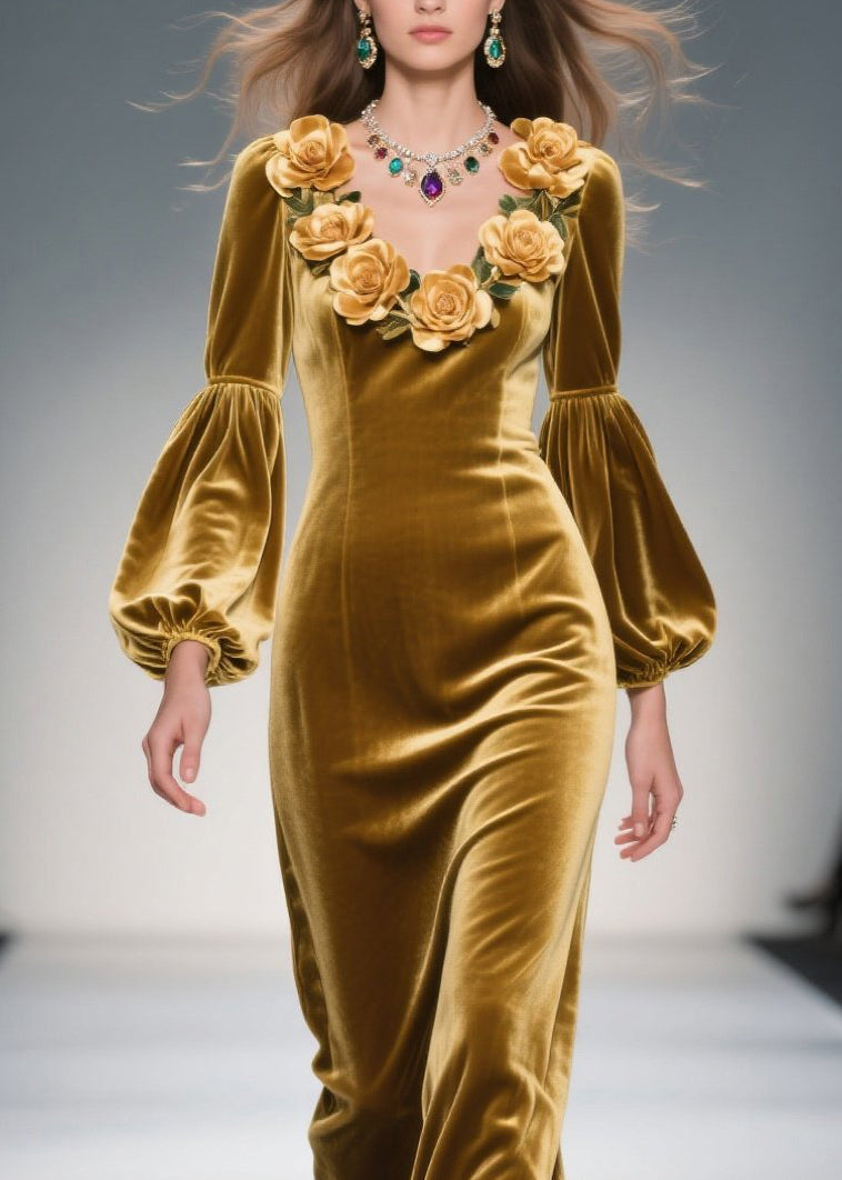 Velvet Rosette V-Neck Bishop Sleeve Column Maxi Gown