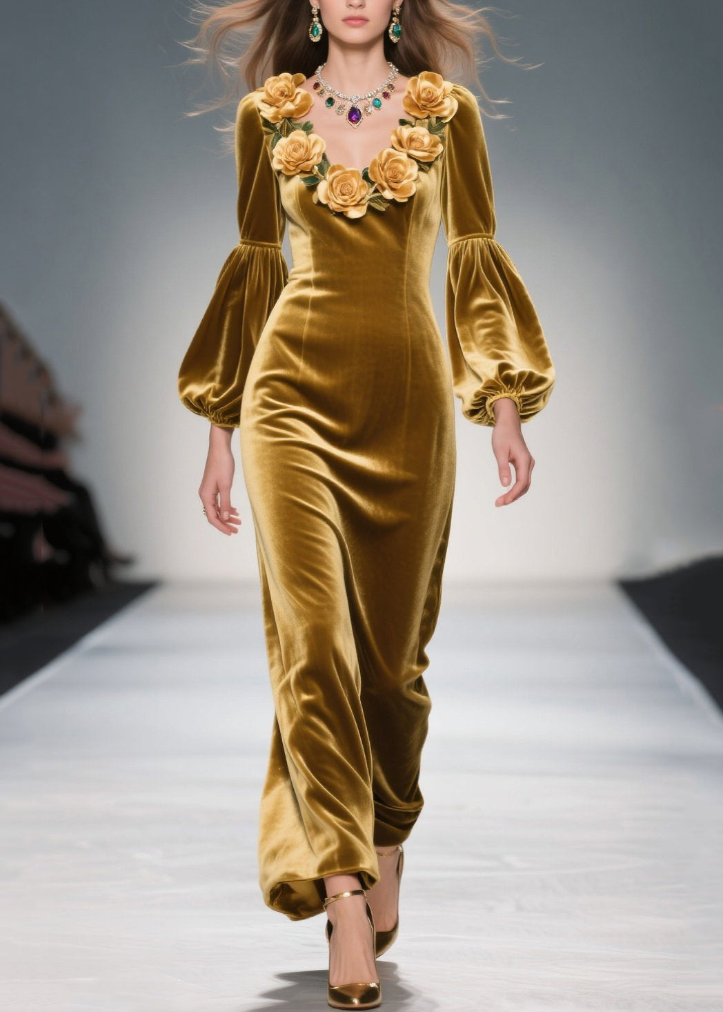 Velvet Rosette V-Neck Bishop Sleeve Column Maxi Gown