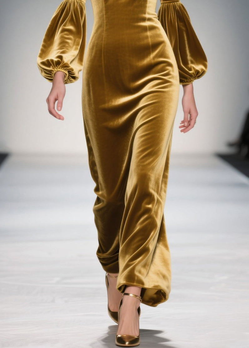 Velvet Rosette V-Neck Bishop Sleeve Column Maxi Gown