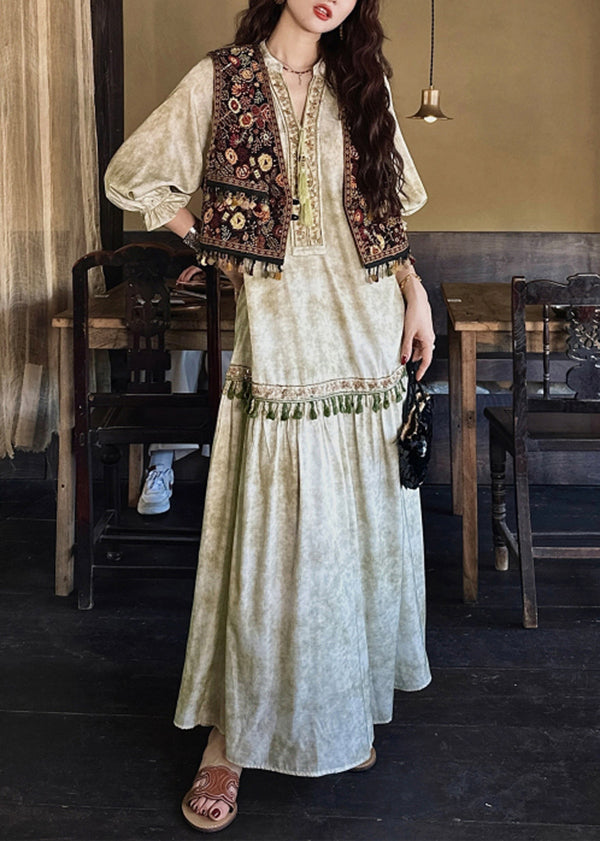 Embroidered Lace Up Tassel Trim Tiered Boho Maxi Dress