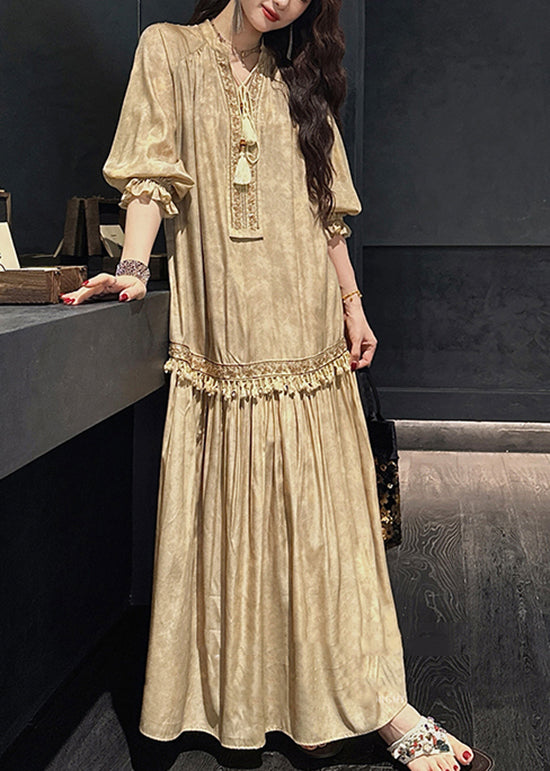 Embroidered Lace Up Tassel Trim Tiered Boho Maxi Dress