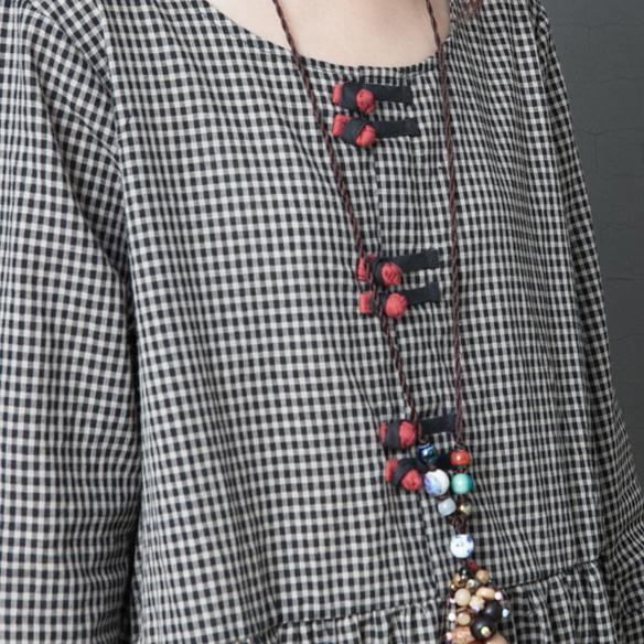 Handmade Black Plaid Linen Dresses O Neck Patchwork Long Dress
