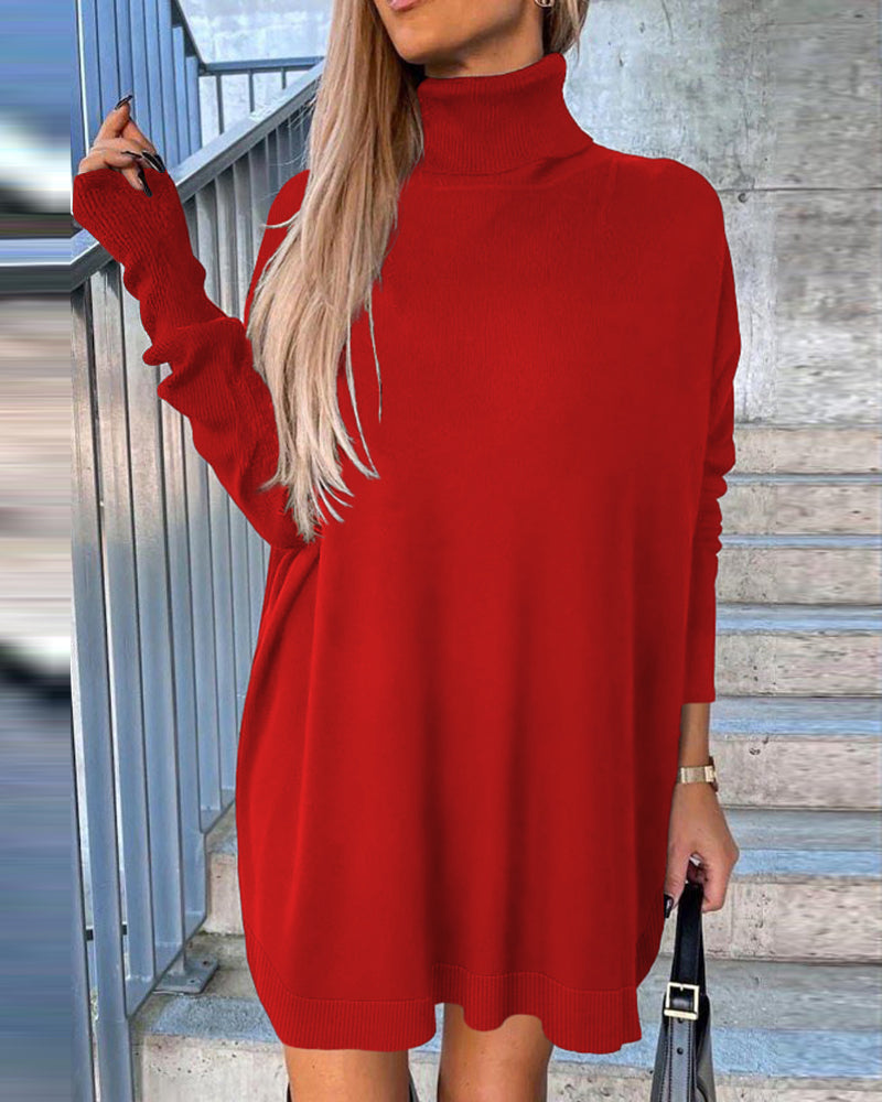 Cozy Black Turtleneck Sweater Dress with Long Sleeves and Ribbed Detail