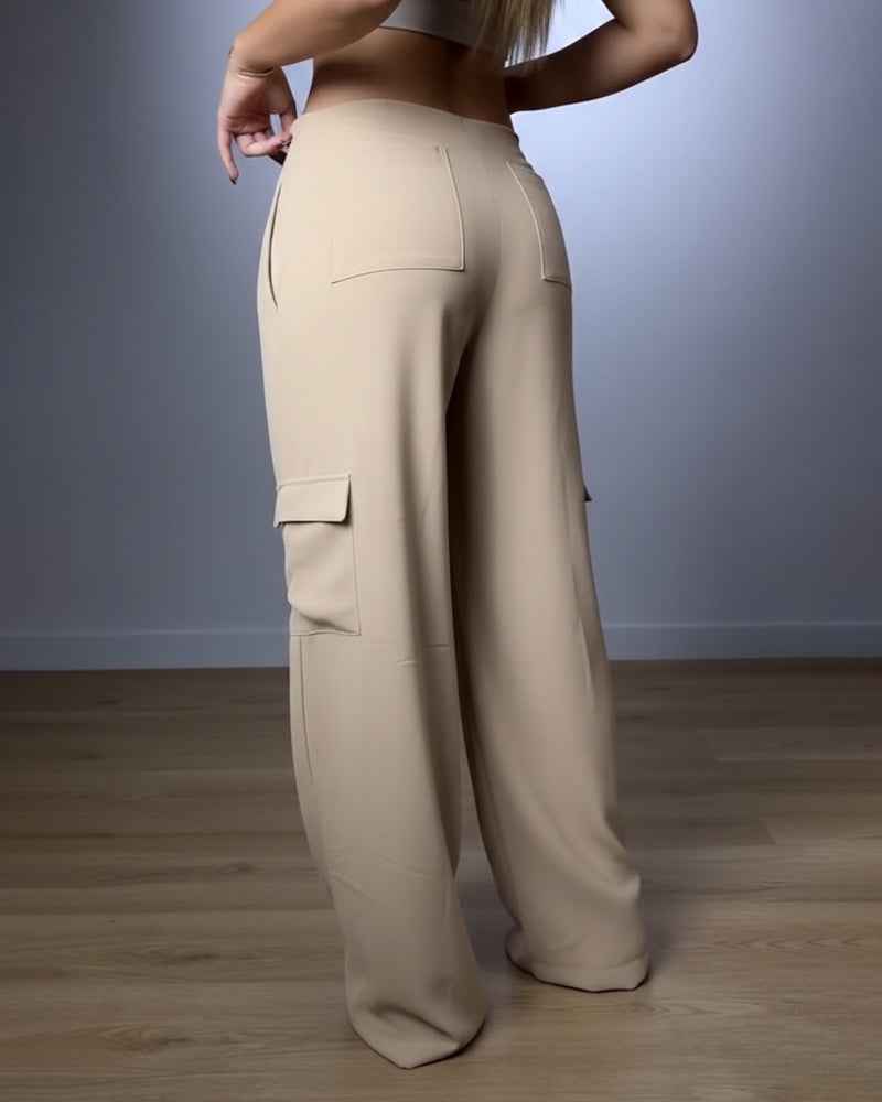 Jamota High Waist Black Cargo Trousers With Stretch Fabric And Pockets For All Day Comfort