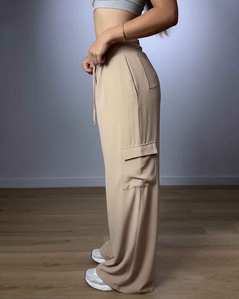 Jamota High Waist Black Cargo Trousers With Stretch Fabric And Pockets For All Day Comfort