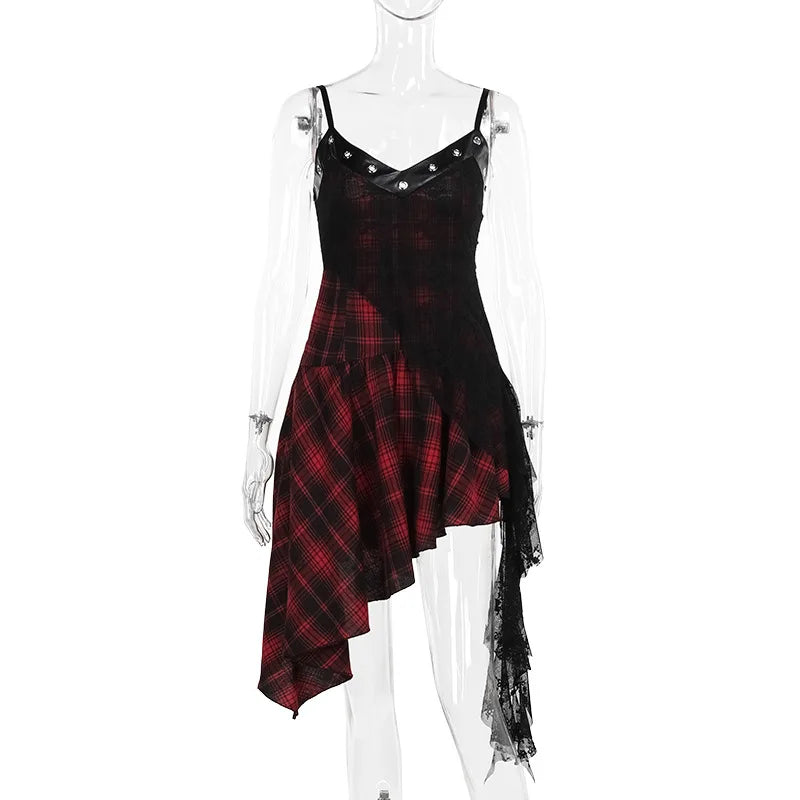 Plaid V-Neck Spaghetti Strap Eyelet Trim Asymmetric Hem Lace Panel Dress 6