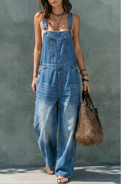 Bib Pocket Wide Leg Denim Overalls