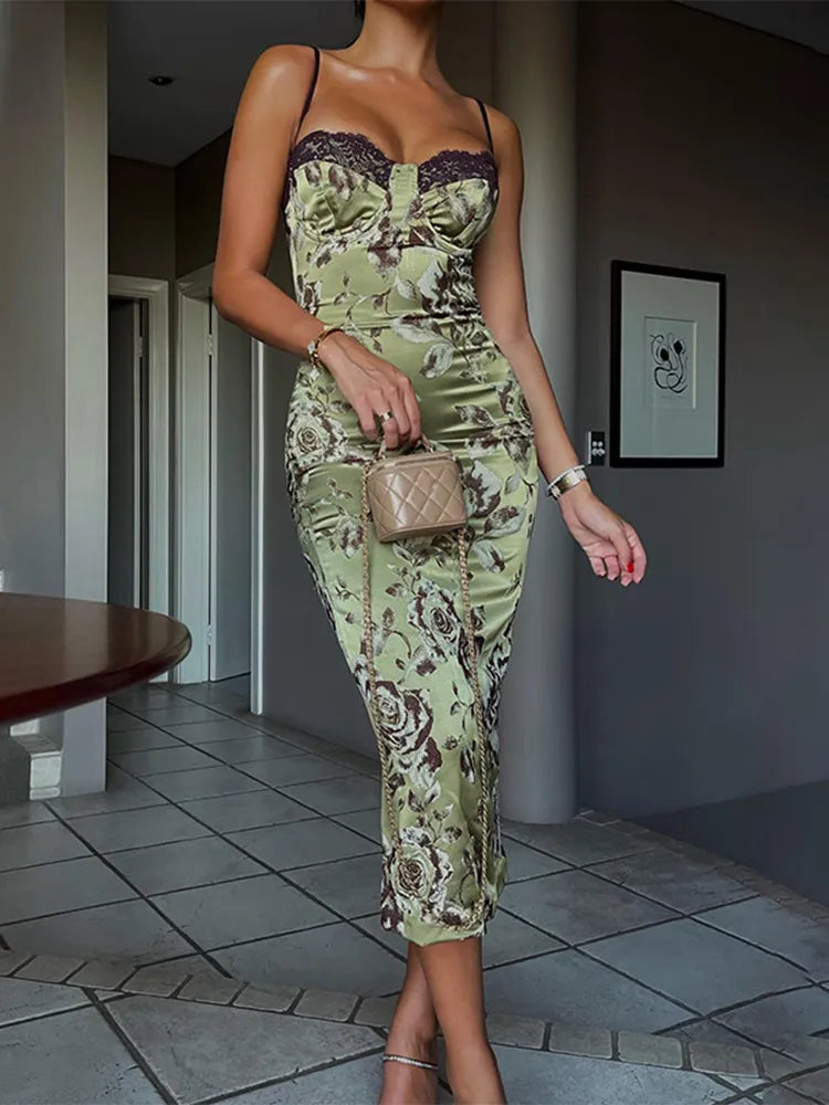 Floral Print Strapless Lace Trim Bustier Bodycon Midi Dress