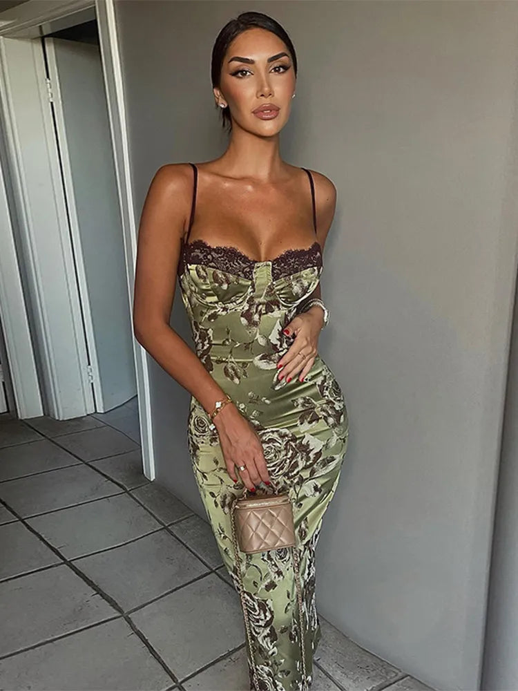 Floral Print Strapless Lace Trim Bustier Bodycon Midi Dress