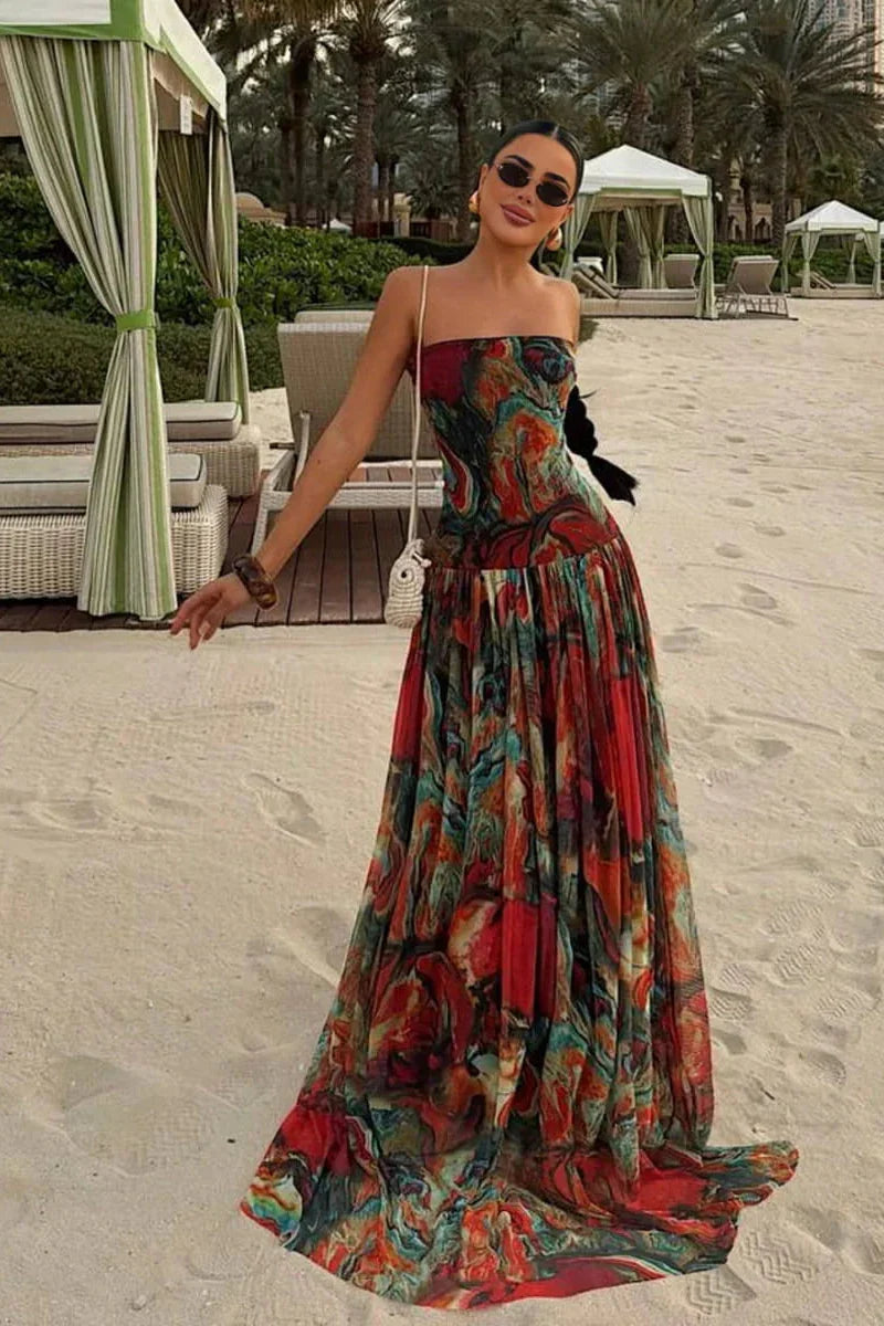 Abstract Print Strapless Drop Waist Tiered Maxi Gown 6