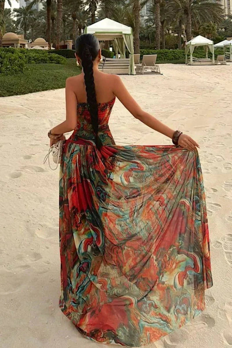Abstract Print Strapless Drop Waist Tiered Maxi Gown 7