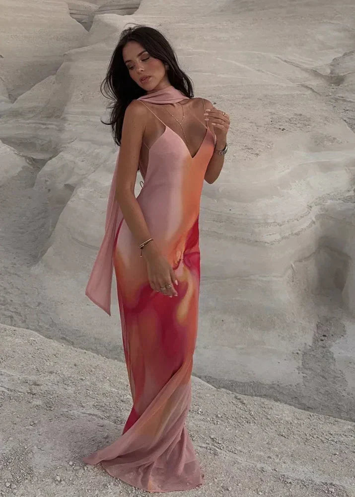 Satin Deep V-Neck Backless Slip Maxi Dress