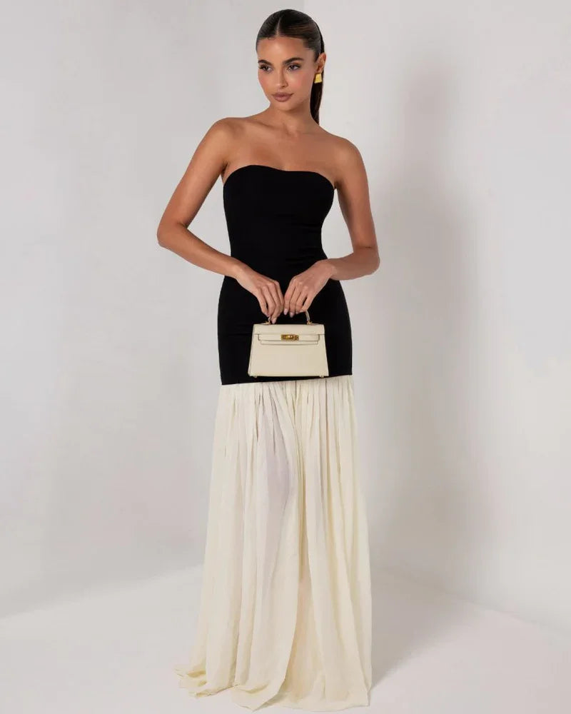 Sexy off-the-Shoulder Slim Fit Black and White Patchwork Pleated Skirt