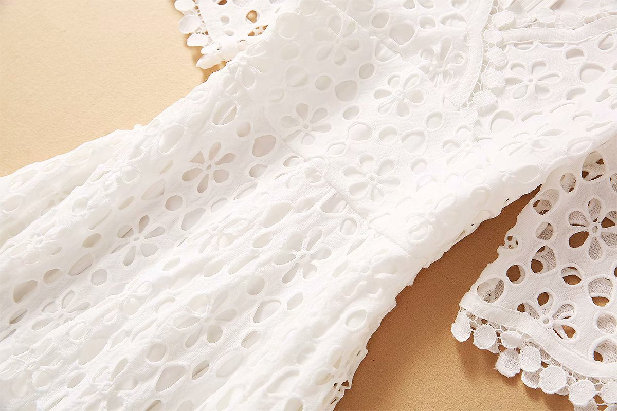 Elegant V-neck cutout crochet Midi Dress