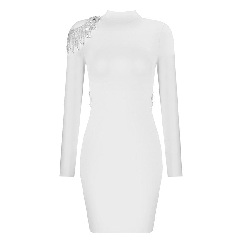 Mock Neck Long Sleeve Backless Rhinestone Fringe Bandage Mini Dress