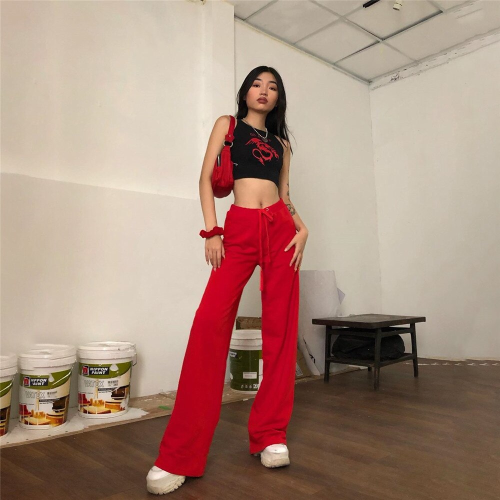 mojoyce High Waist Wide Leg Pants Women Streetwear Letter Embroidery Velvet Red Black Sweatpants Harajuku Trousers C94-AC97