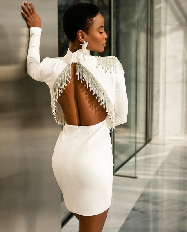 Mock Neck Long Sleeve Backless Rhinestone Fringe Bandage Mini Dress