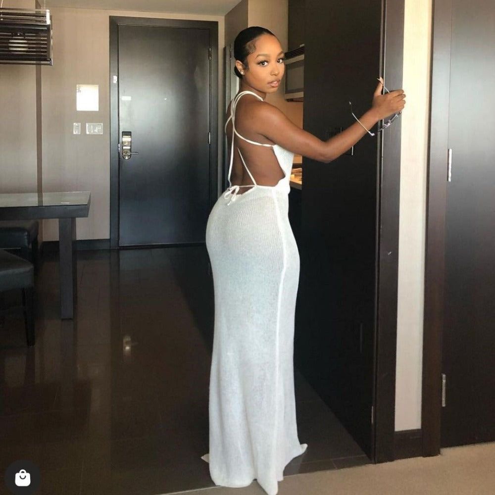 Open Knit Crochet One Shoulder Sash Cut Out High Split Midi Dress
