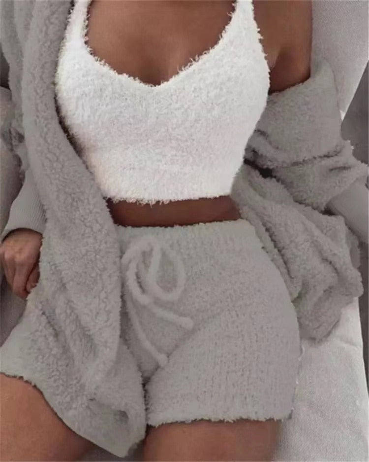 Fluffy Knit V-Neck Crop Cami Drawstring Shorts and Cardigan Three Piece Lounge Set 6