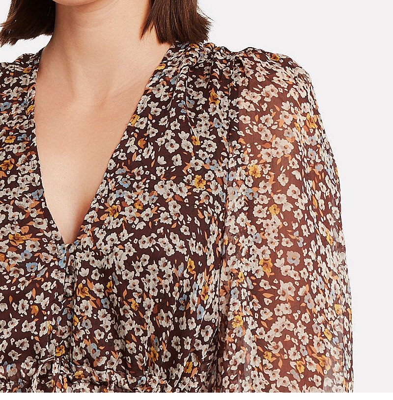 Chiffon Deep V-Neck Long Sleeve Tie Waist Tiered Ruffle Floral Mini Dress