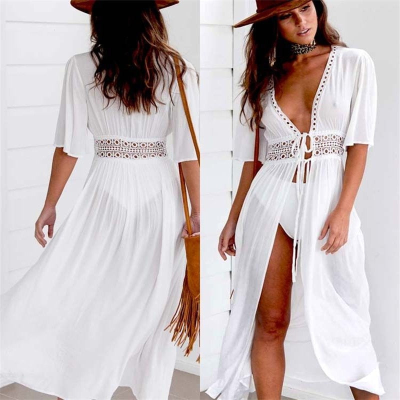 Deep V-Neck Crochet Waist Tie Front Open Split Flutter Sleeve Beach Maxi Dress