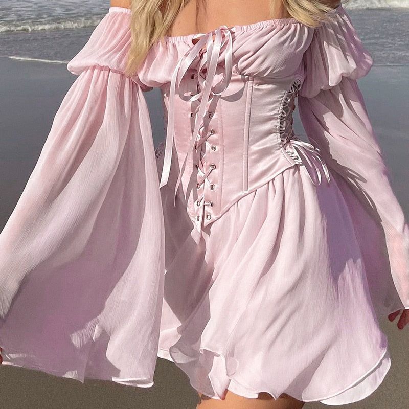Floral Print Off Shoulder Puff Sleeve Lace Up Corset Mini Dress