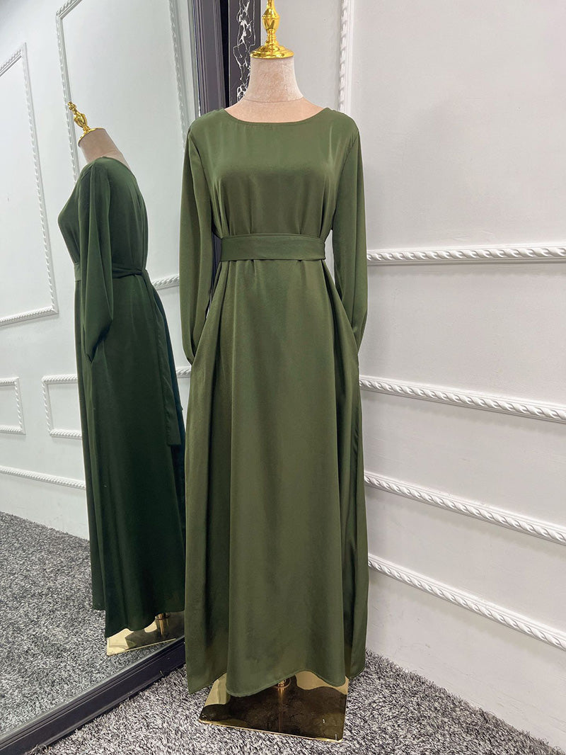 Satin Crew Neck Bell Sleeve Sash Tie A-Line Maxi Gown