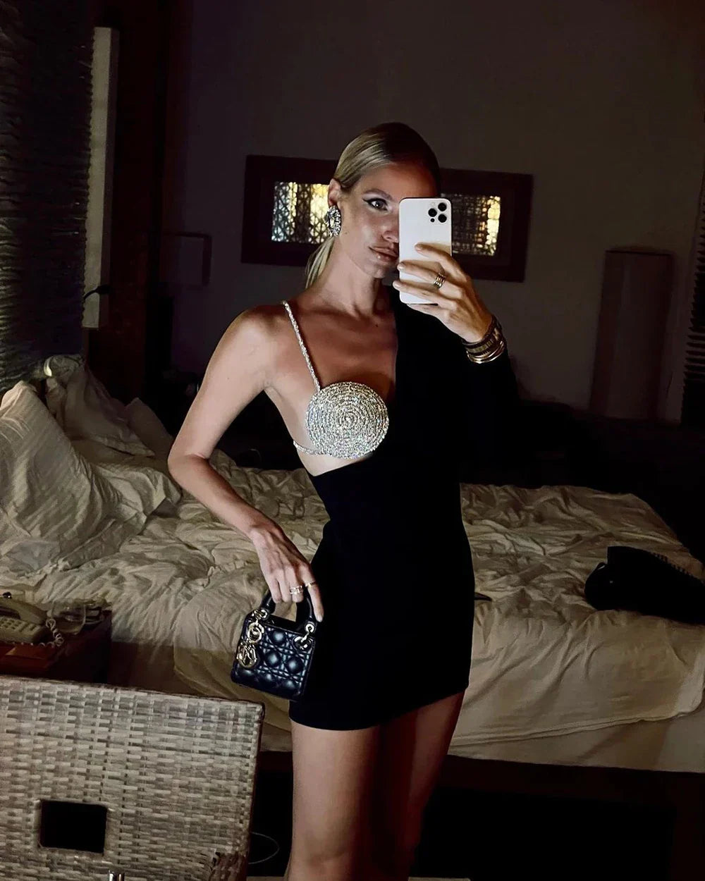 Rhinestone Bra Cup One Shoulder Cut Out Mini Dress 15