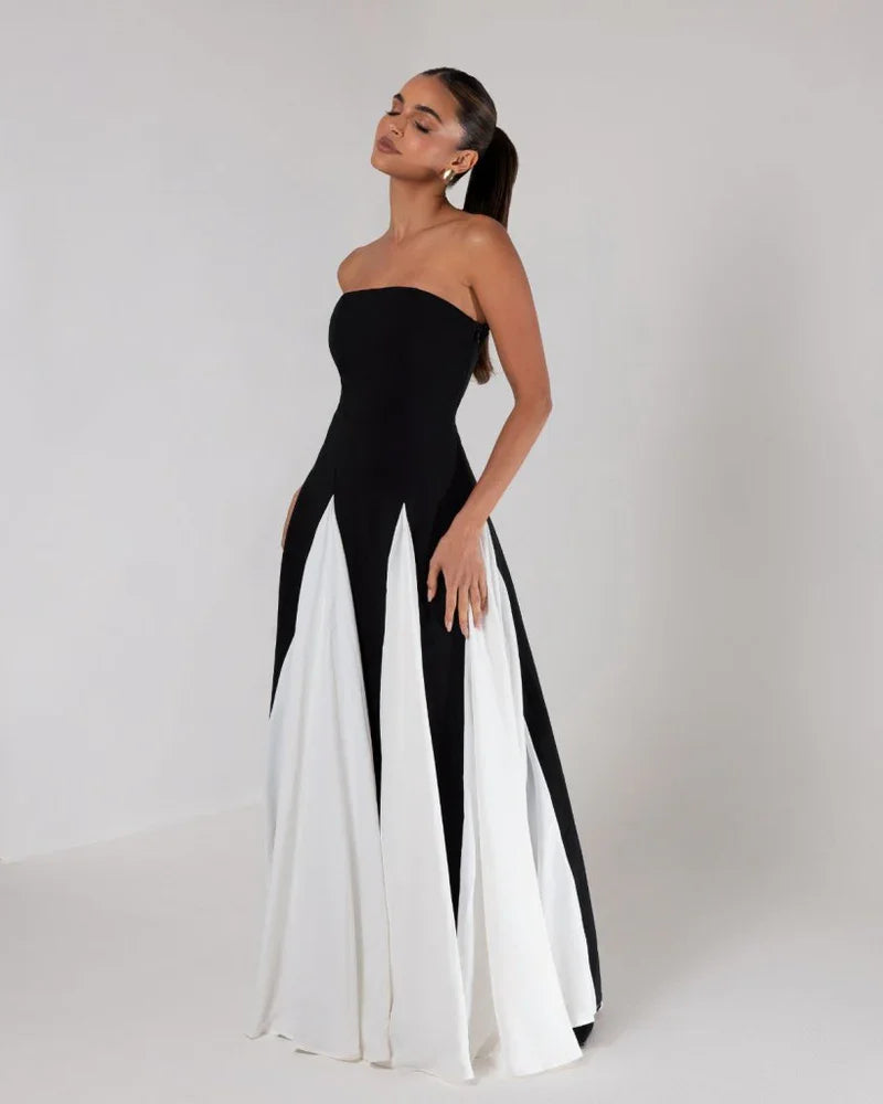 Sexy off-the-Shoulder Tube Top Slim Fit Black and White Stitching Dress