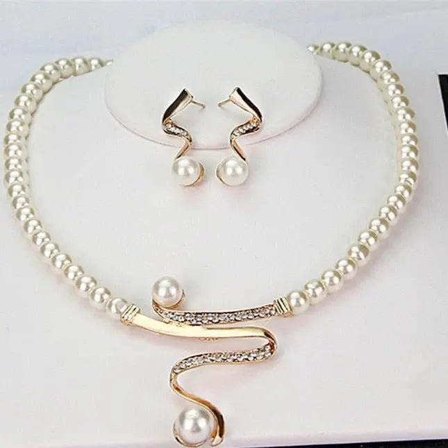 Faux Pearl Rhinestone Swirl Necklace and Earrings Jewelry Set