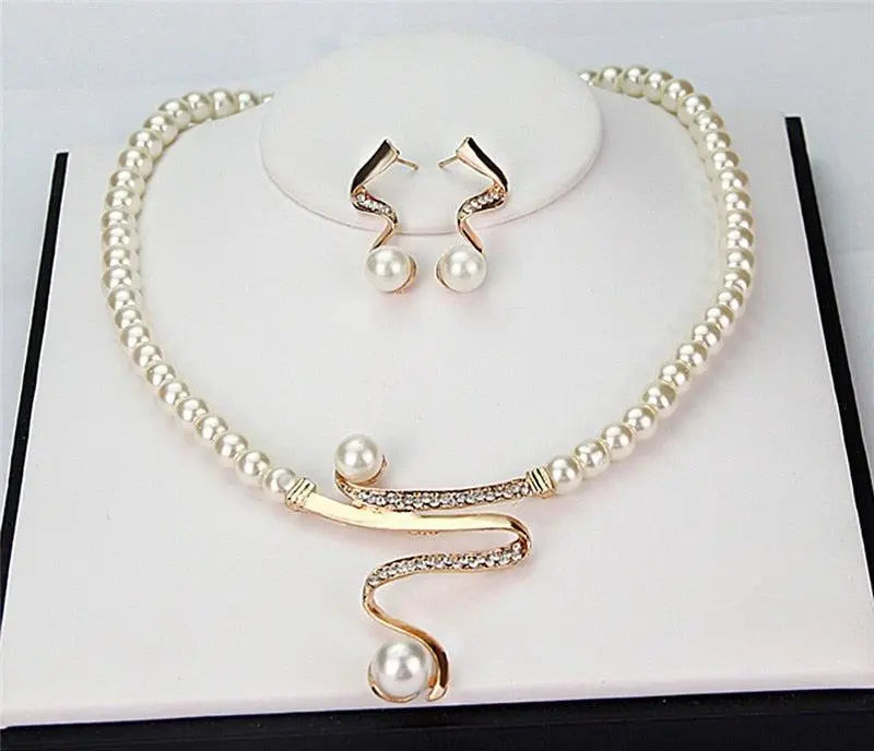 Faux Pearl Rhinestone Swirl Necklace and Earrings Jewelry Set