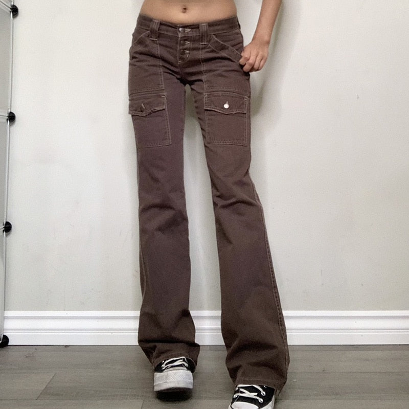 Mojoyce Dourbesty Y2K Indie Aesthetics Vintage Low Waist Pants 2000S Low Rise Flare Jeans Grunge Fairy Retro Denim Trousers With Pockets