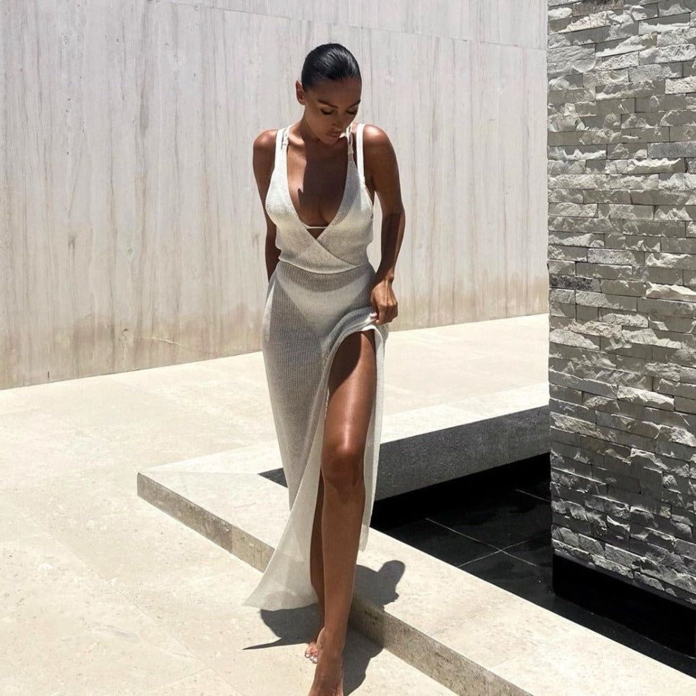 Crochet Mesh Sleeveless Deep V-Neck Wrap High Split Midi Dress