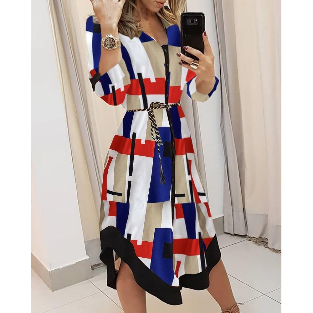 Geometric Print Collared Button Down Long Sleeve Belted High Low Hem Shirt Dress
