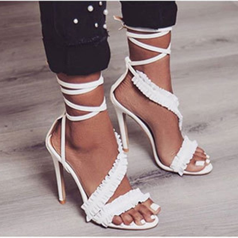 Cross Bandage Thin Heel Ruffle Sandals