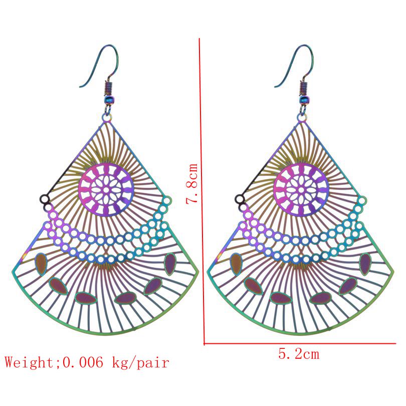 Unique Rainbow Color Stainless Steel Asian Style Fan  Shape Woman Earring