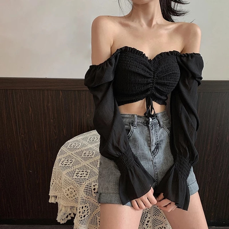 Off Shoulder Smocked Drawstring Ruched Long Puff Sleeve Chiffon Crop Top 4