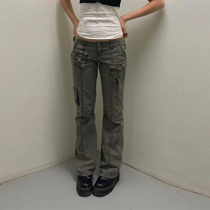 Mojoyce Retro Grunge Cargo Denim Jeans Streetwear Korean Vintage 90s Low Waist Trousers Aesthetic 90s Straight Pants Cuteandpsycho